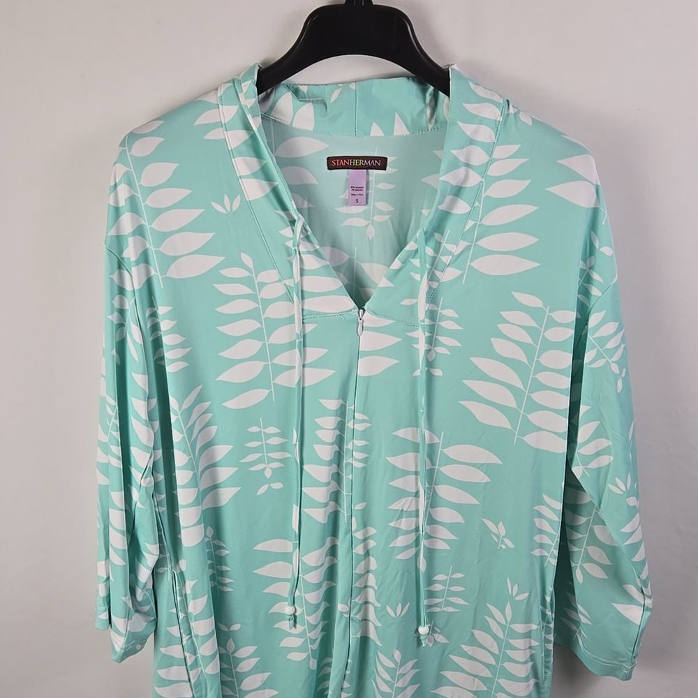 Stan Herman Mint Green Leaf Patterned Lounge Dress Sz S Spa Pool Bath Leisure - Picture 2 of 11